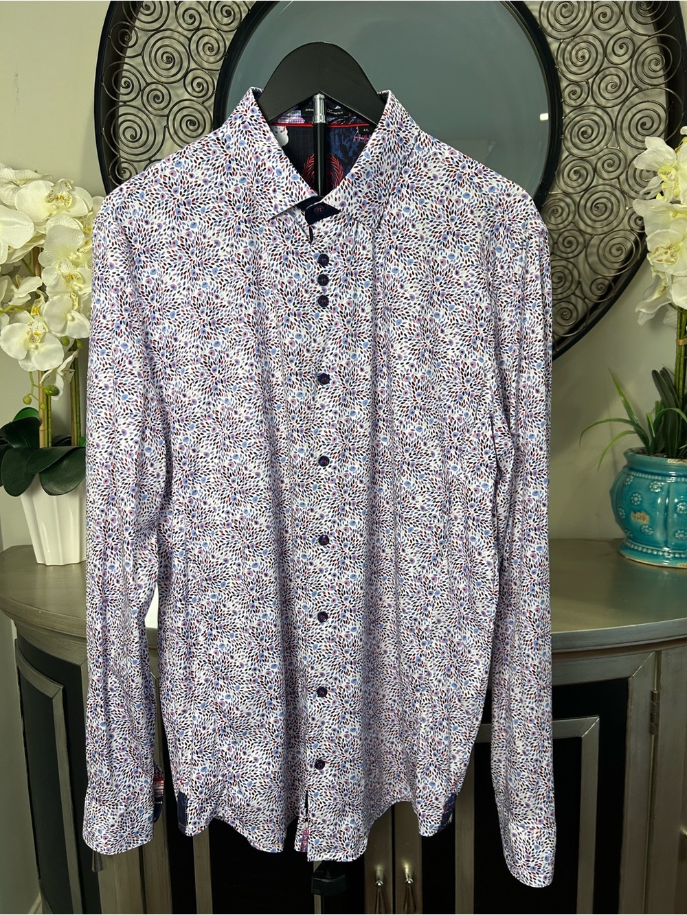 Au Noir Men's White Micro Floral Button-Down Shirt with Blue Accents - Picture 2 of 8